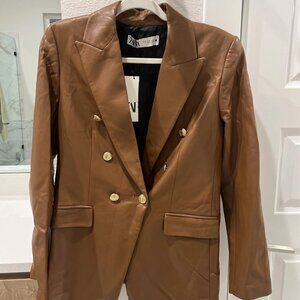 Zara Blazer Womens SMALL Brown Faux Leather Double Breasted Gold Buttons Lined